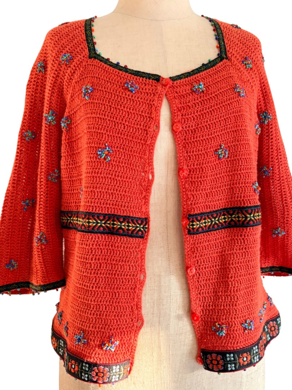 vtg 90s y2k ramie cotton cardigan short sleeve beaded boho whimsigoth orange M